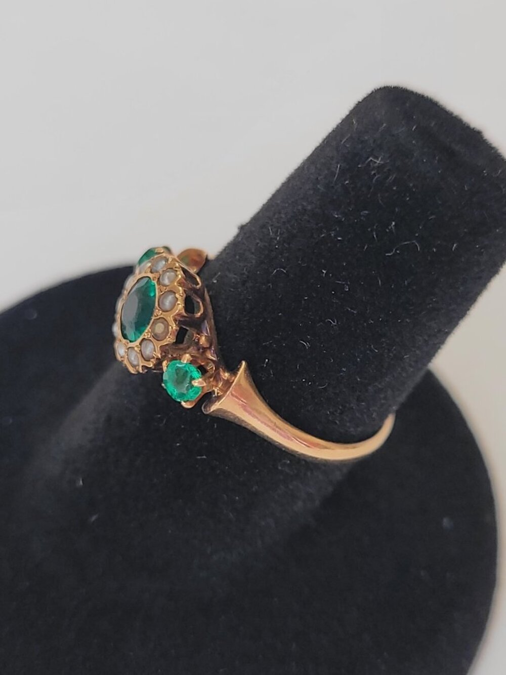 Antique Emerald Green Stones Pearls 10k Gold Victorian Ring May June Birthstones - Picture 10 of 16